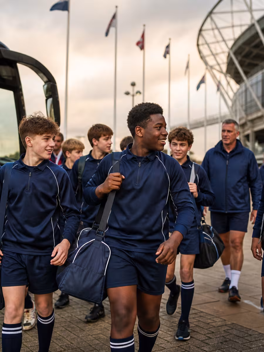 Youth rugby team arriving by coach at a UK rugby stadium