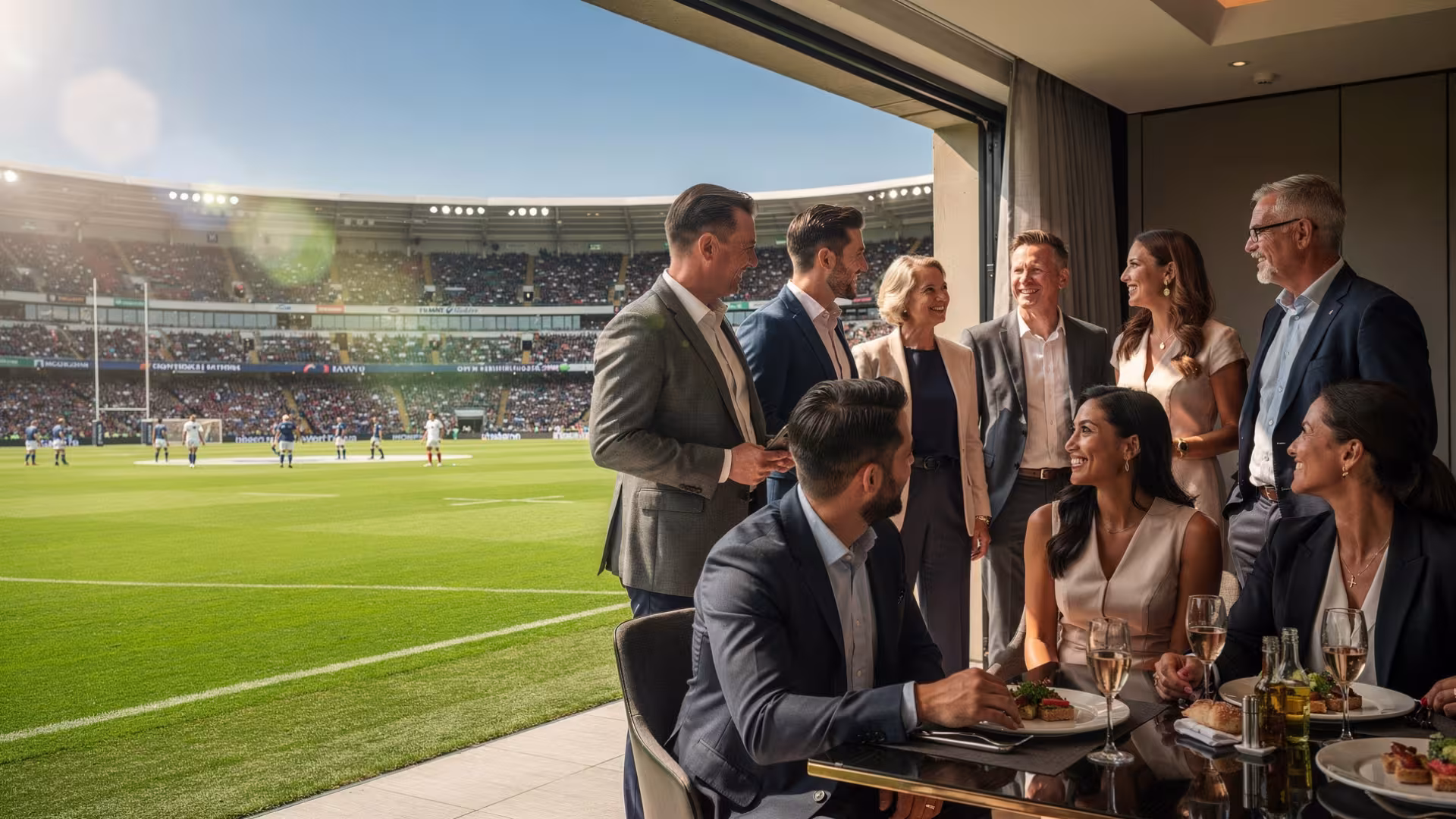 Corporate guests enjoying rugby hospitality in a private suite