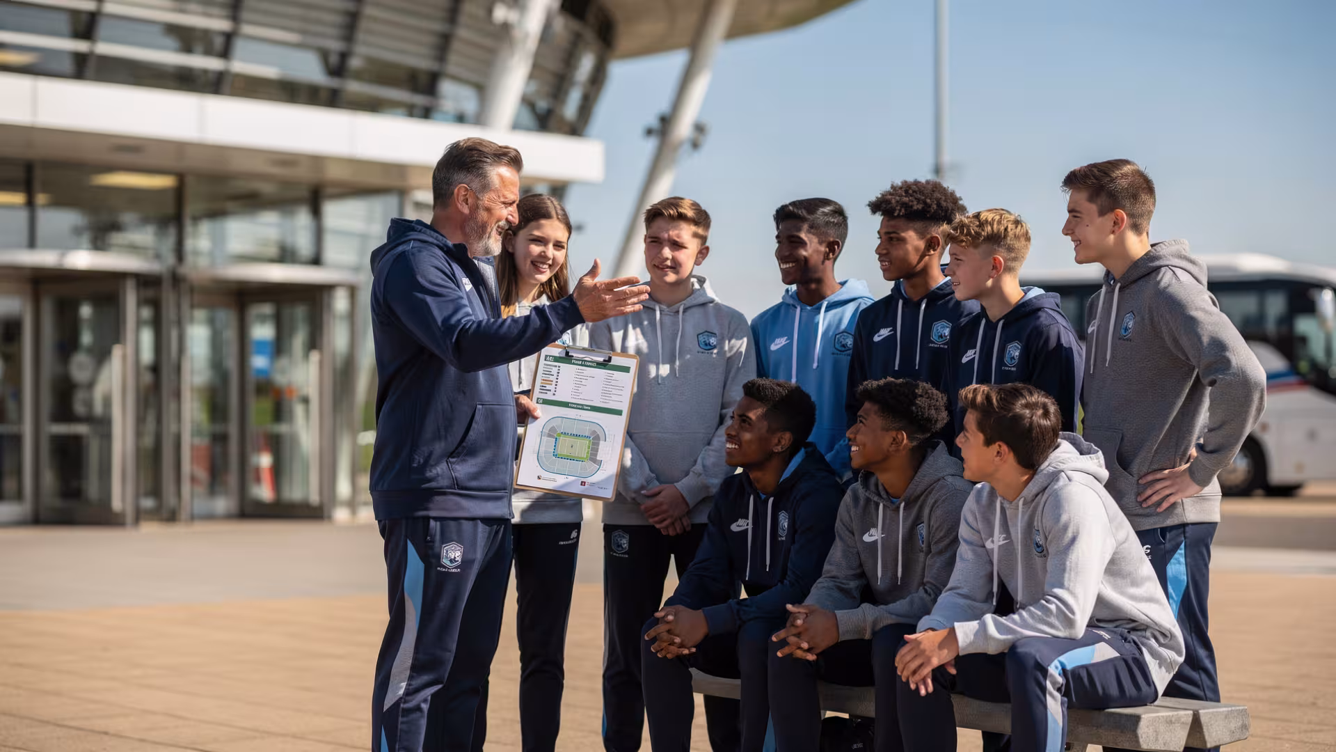 Youth rugby team reviewing a tour itinerary with their coach