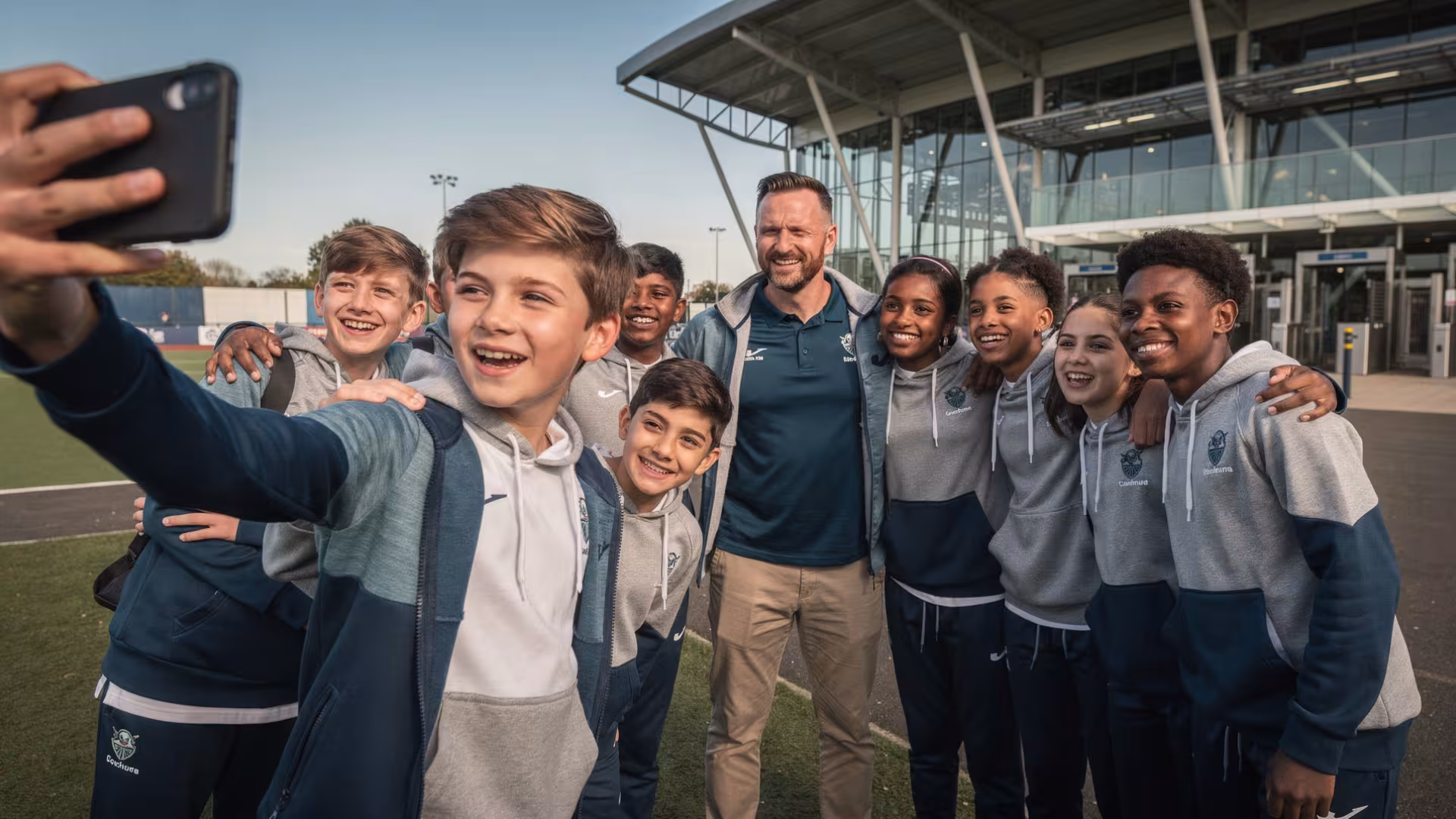 Youth rugby team taking a selfie with a professional player