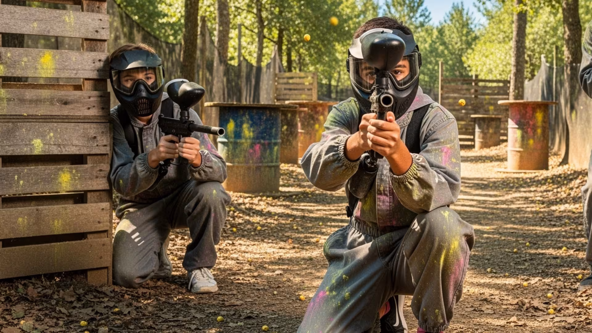 Youth paintball player aiming down the barrel toward the camera with teammates backing him up in a woodland course