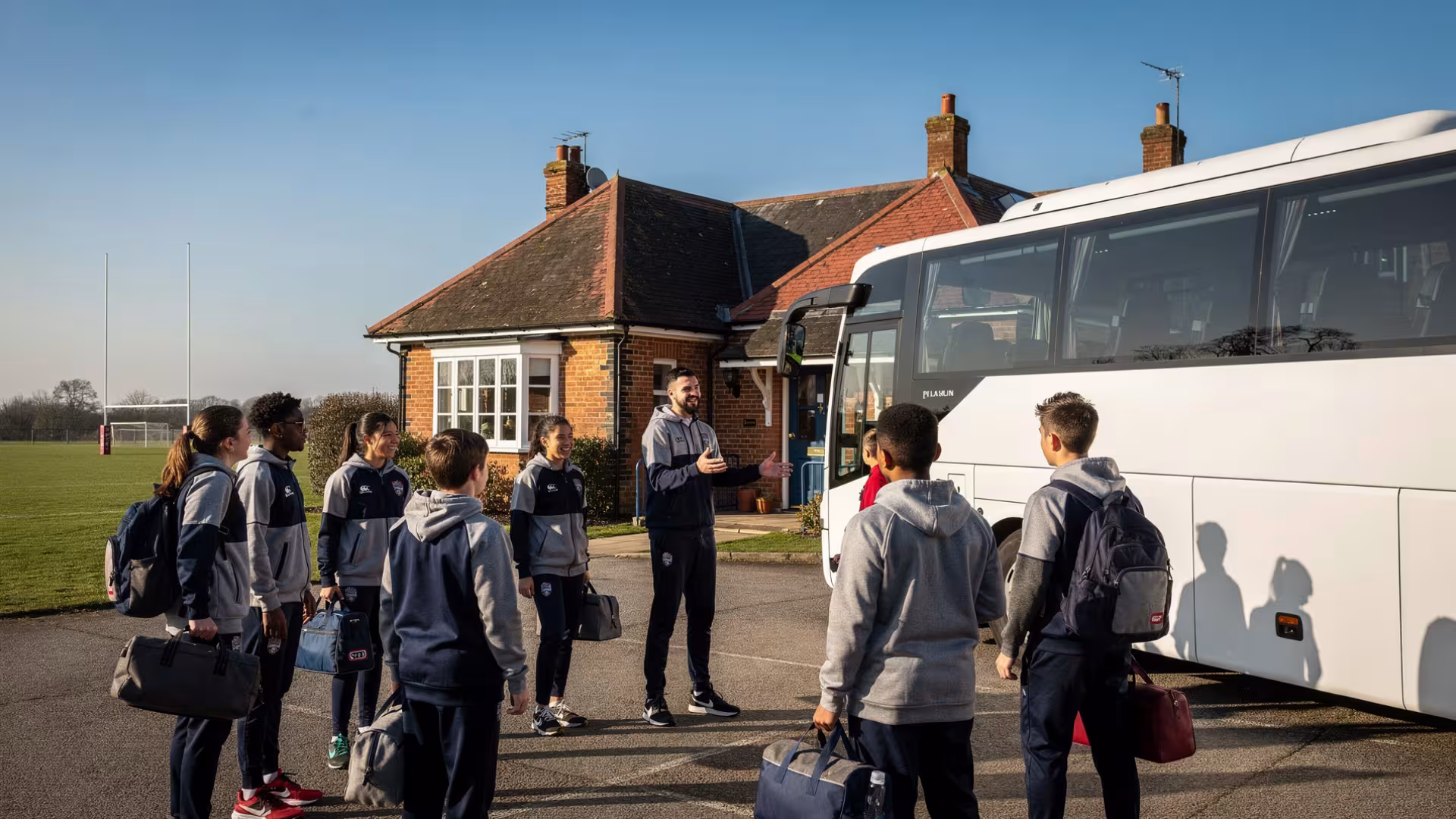 Youth rugby team in tracksuits boarding a coach outside their home club
