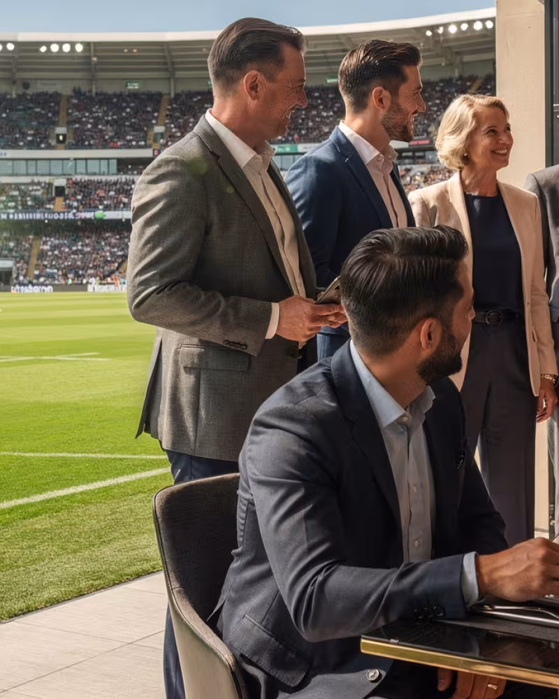 Corporate guests enjoying rugby hospitality in a private suite