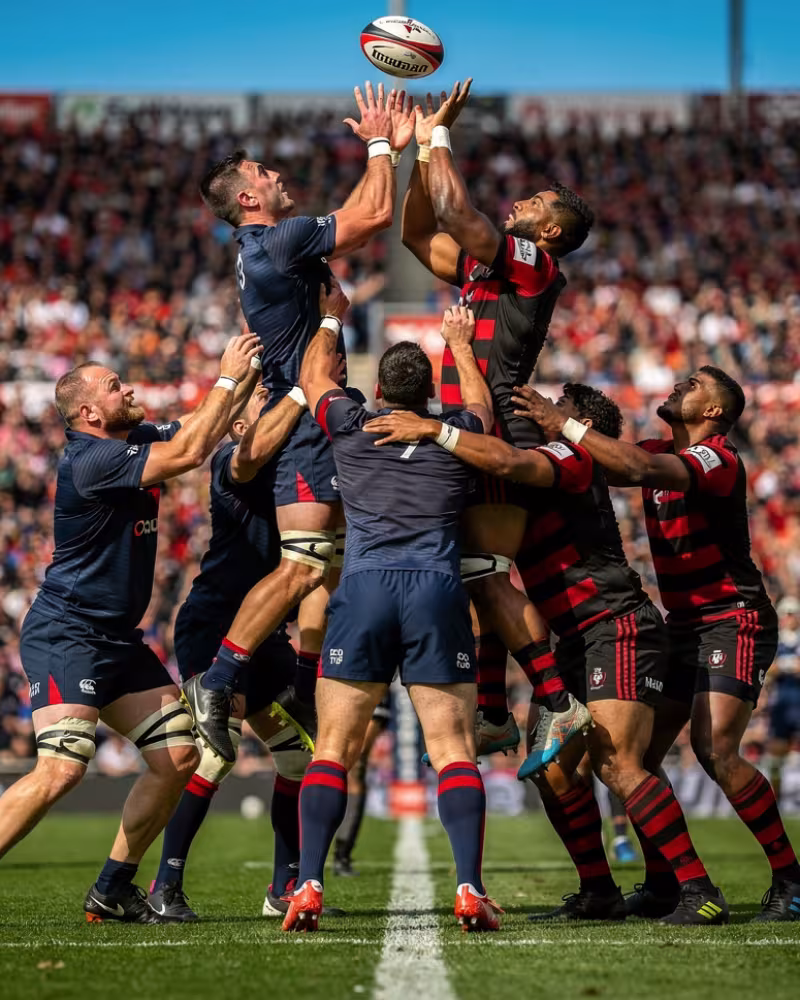 Players competing for the ball at a line-out during a Gallagher Premiership match