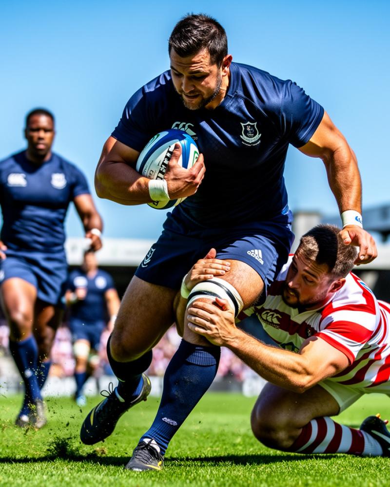 A senior men's rugby player breaking through a tackle during a match