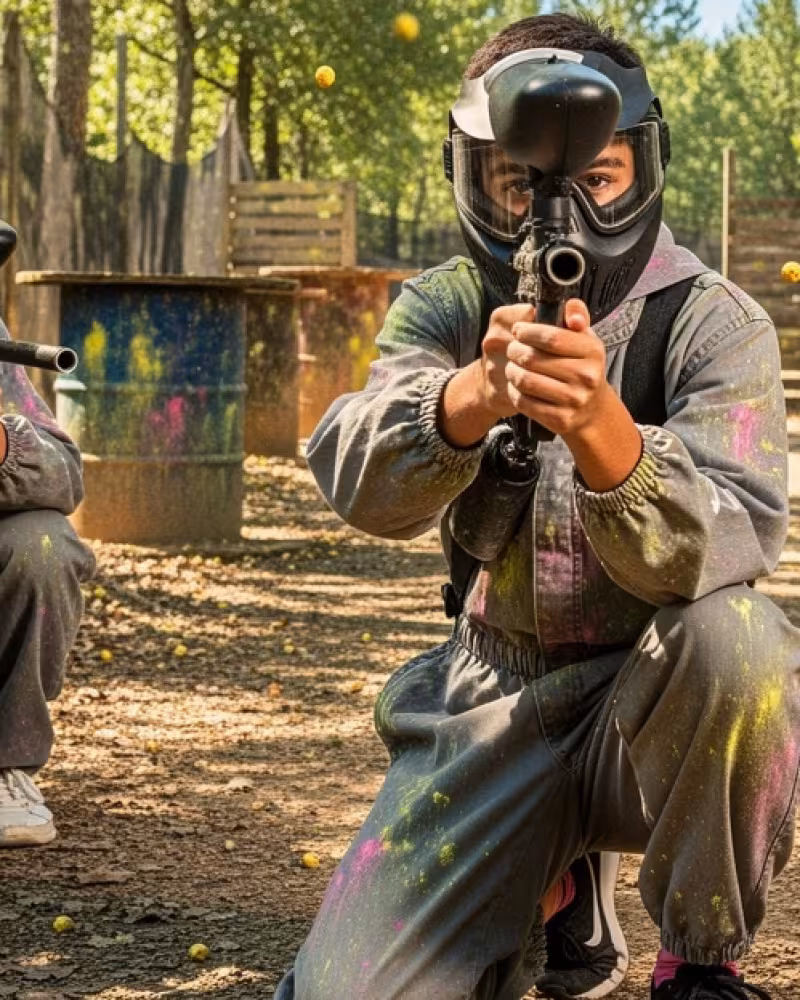 Youth paintball player aiming down the barrel toward the camera with teammates backing him up in a woodland course