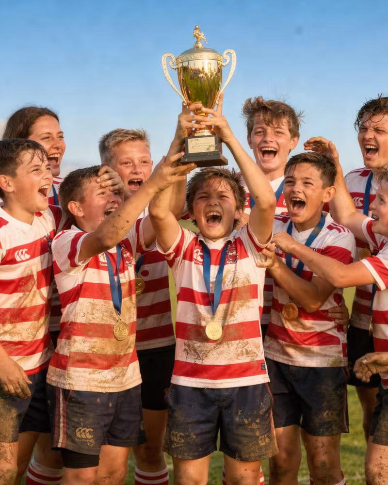 A muddy youth rugby team celebrating with a trophy and medals after winning a tournament