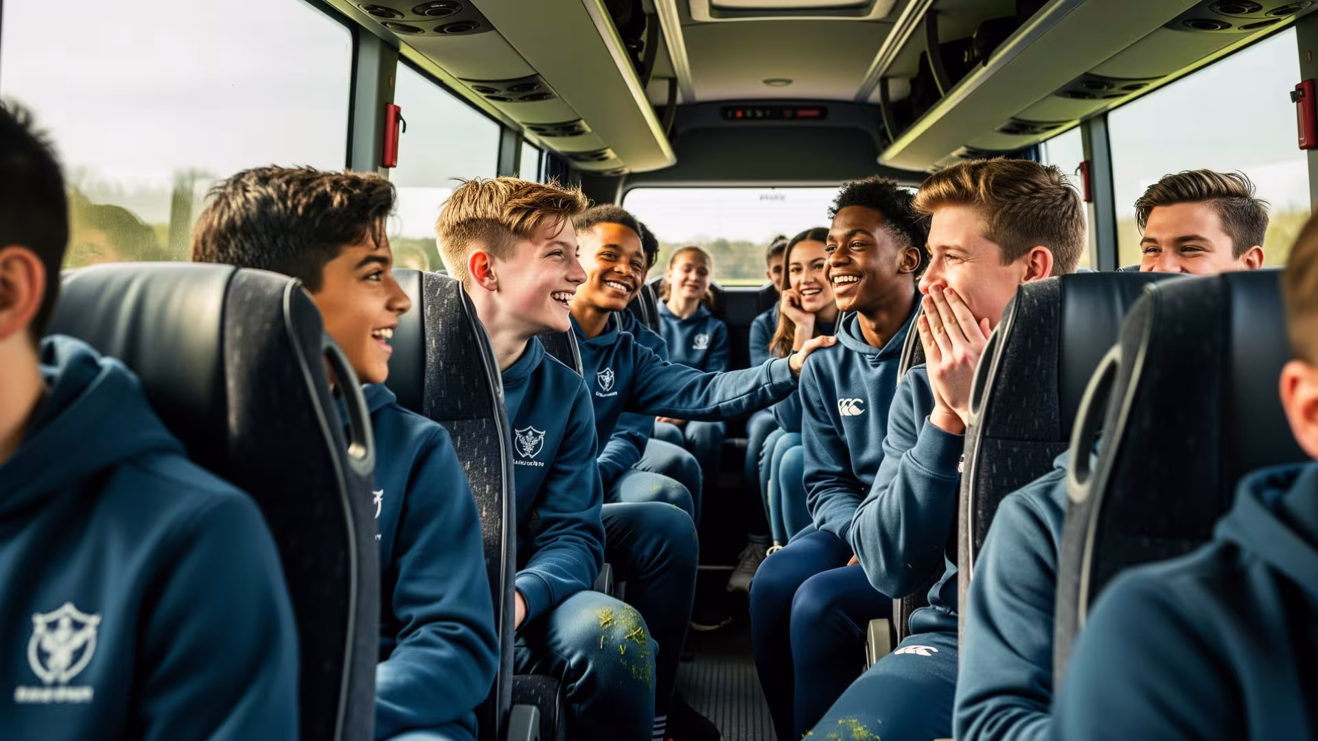 A youth rugby team laughing together on the team coach