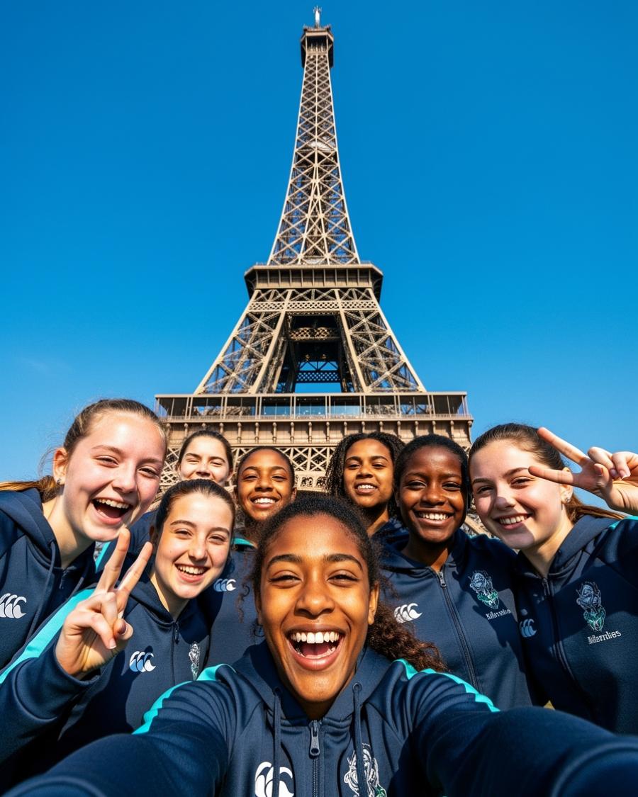 A girls youth rugby team taking a selfie beneath the Eiffel Tower in Paris