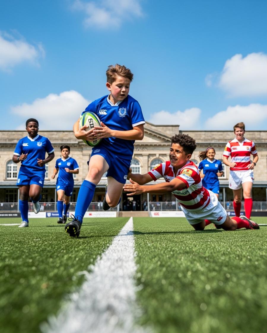 A youth rugby player diving over to score against European opposition, stone clubhouse in the background