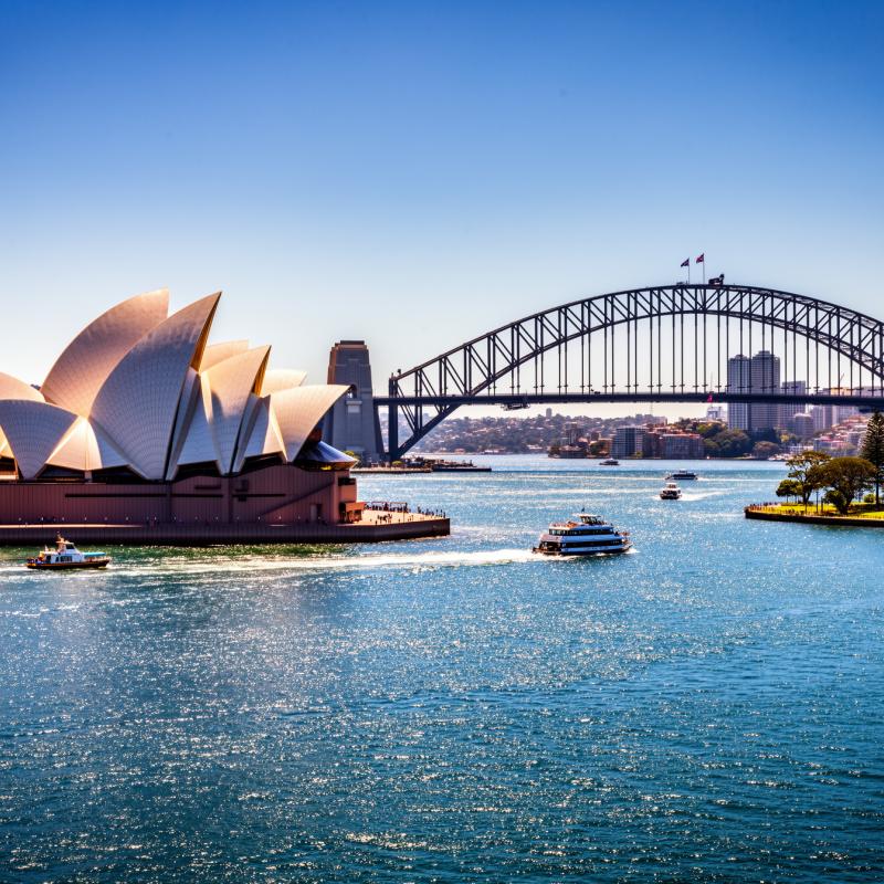 The Sydney Opera House and Harbour Bridge, Australia, under bright blue sky