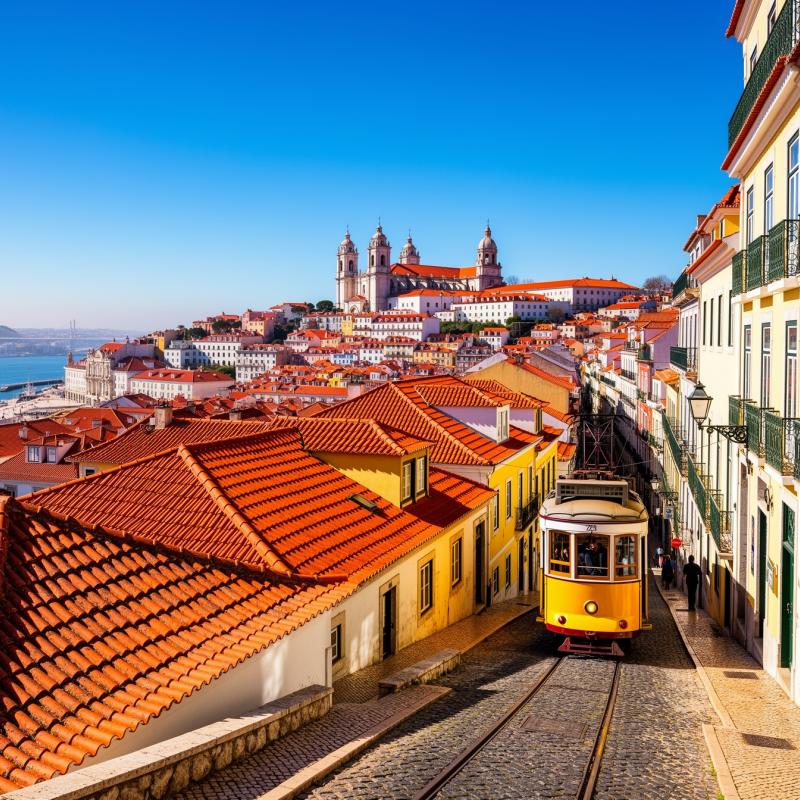 Historic rooftops and trams in Lisbon, Portugal, under bright blue sky