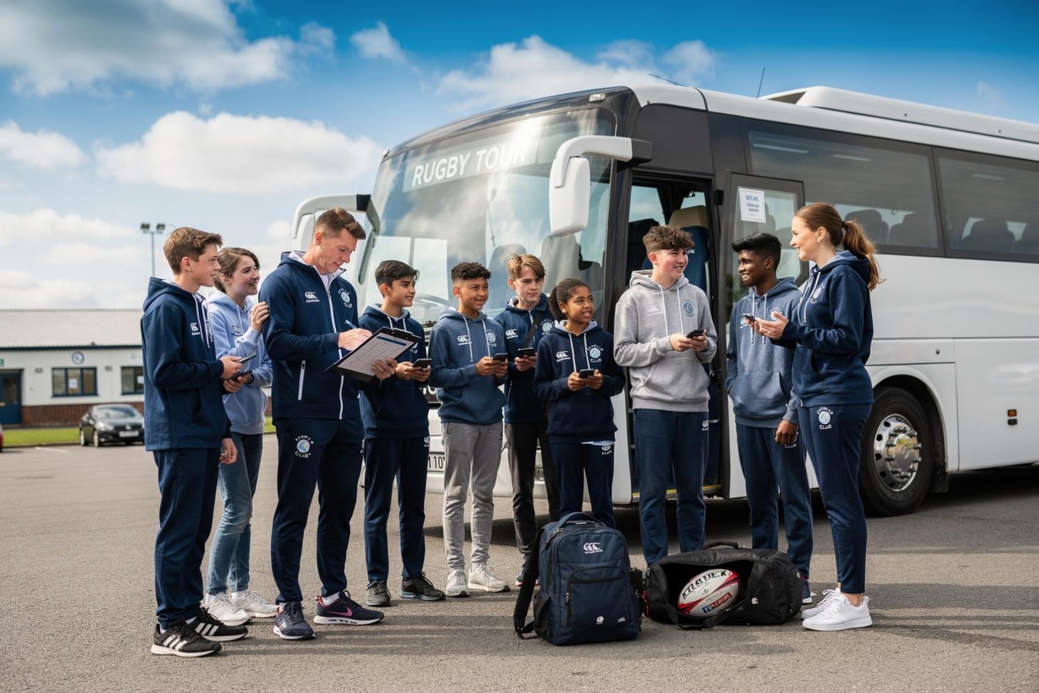 Youth rugby team and coaches in travelwear outside a modern touring coach