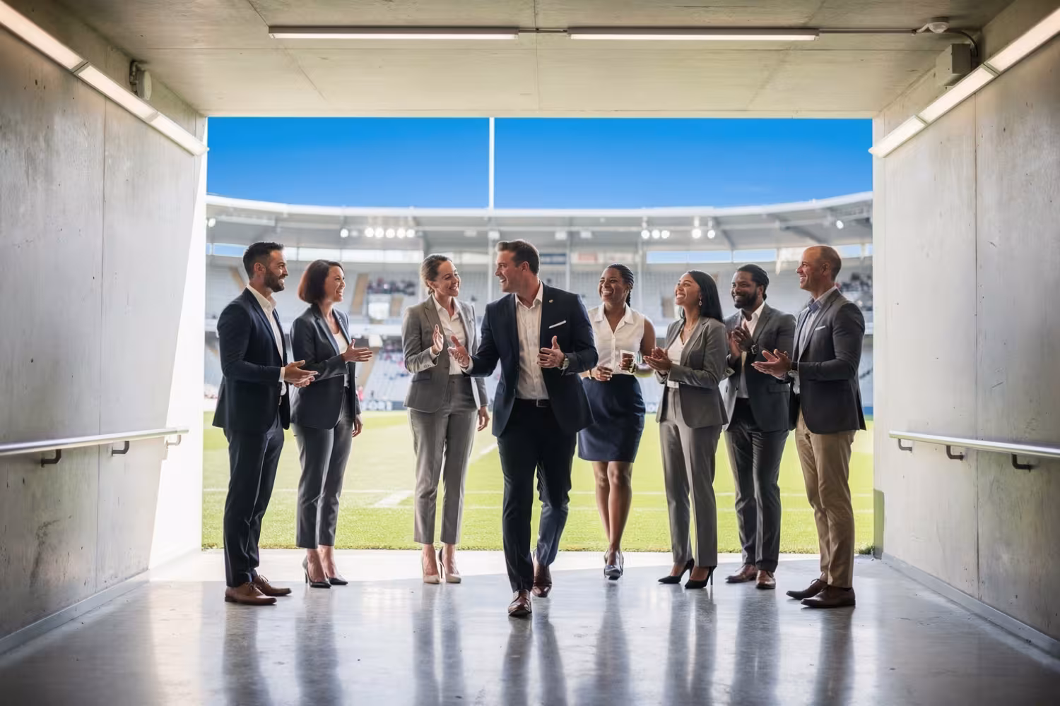 Corporate guests enjoying behind-the-scenes access at a rugby stadium