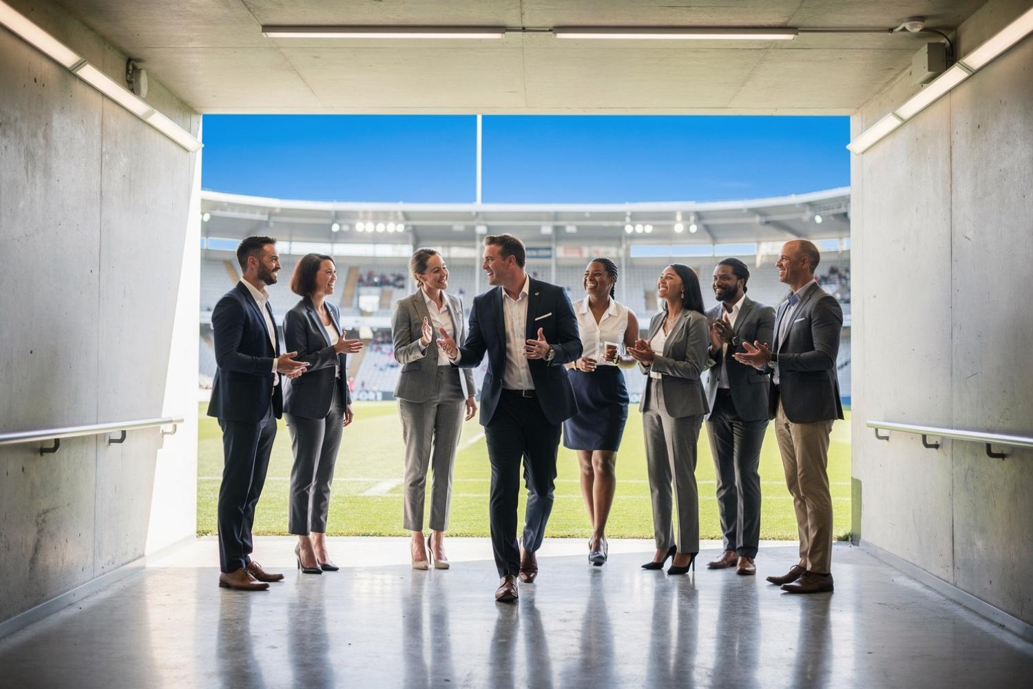 Corporate guests enjoying behind-the-scenes access at a rugby stadium