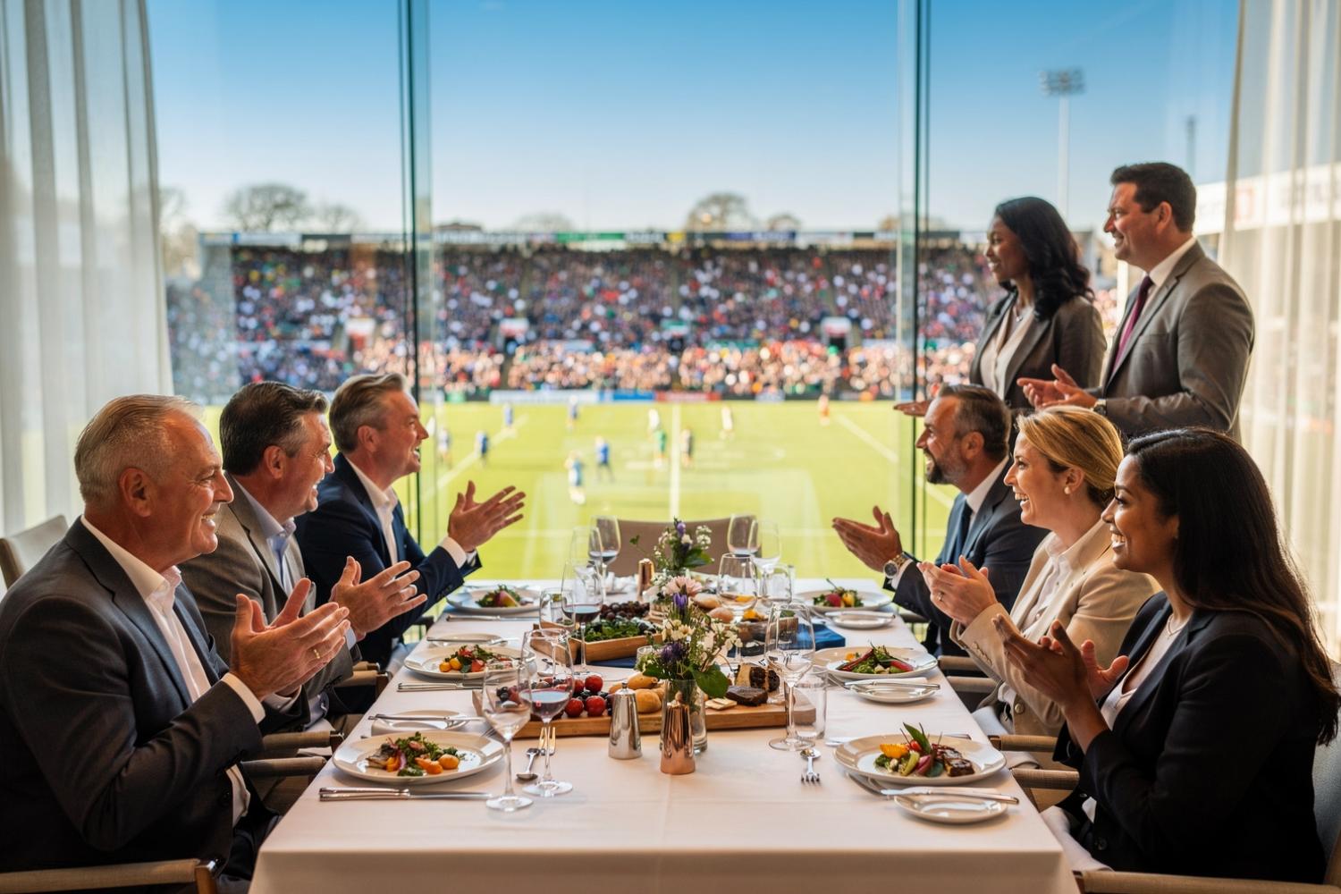 Corporate guests enjoying premium dining overlooking a rugby match