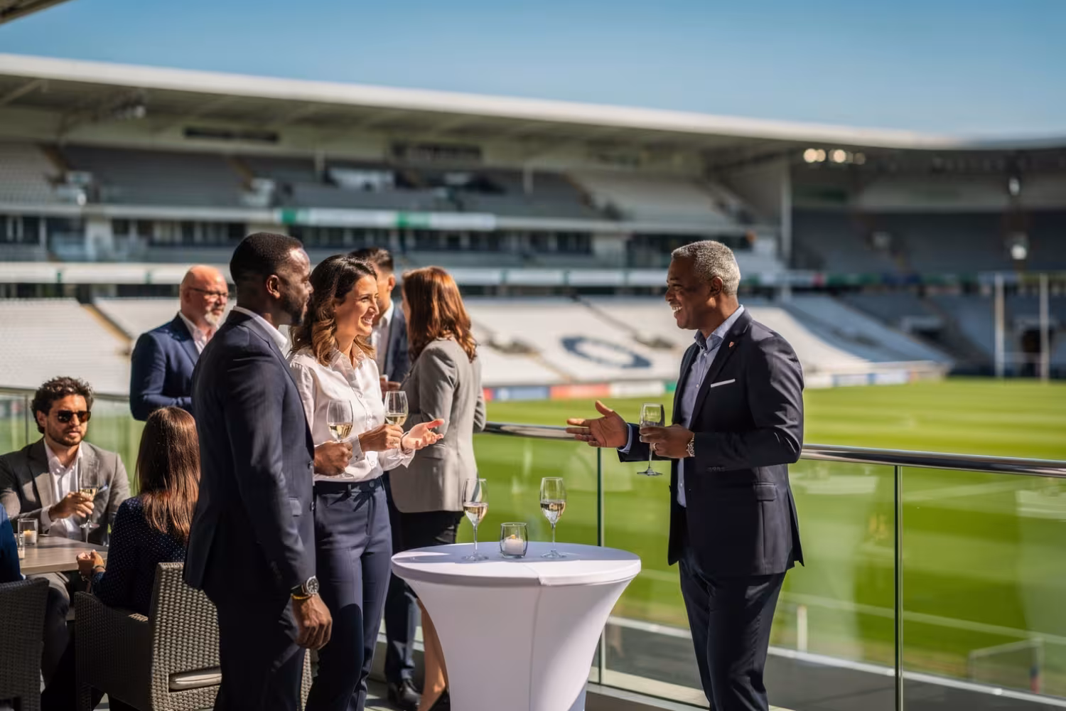 Corporate guests networking on a private stadium terrace