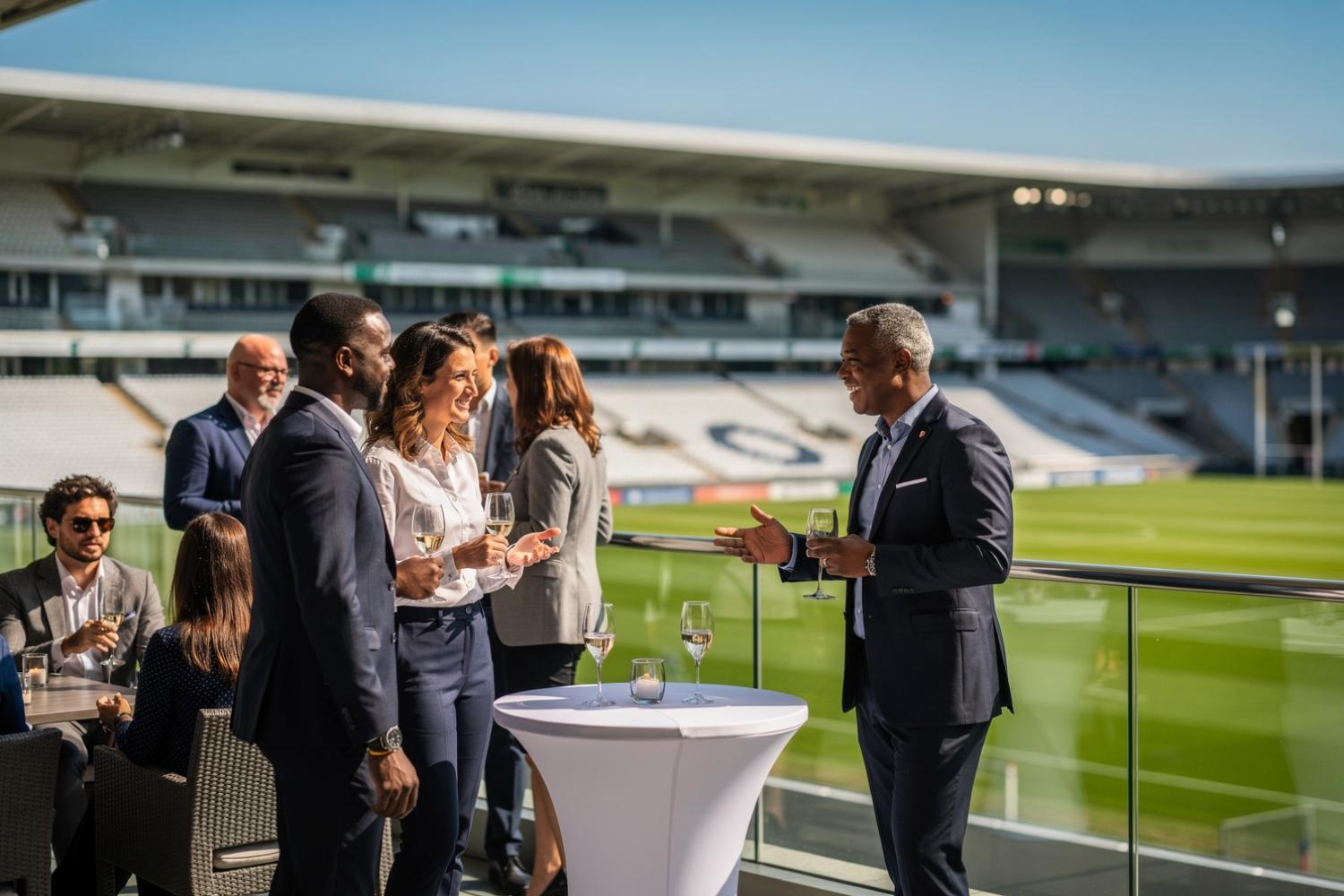 Corporate guests networking on a private stadium terrace