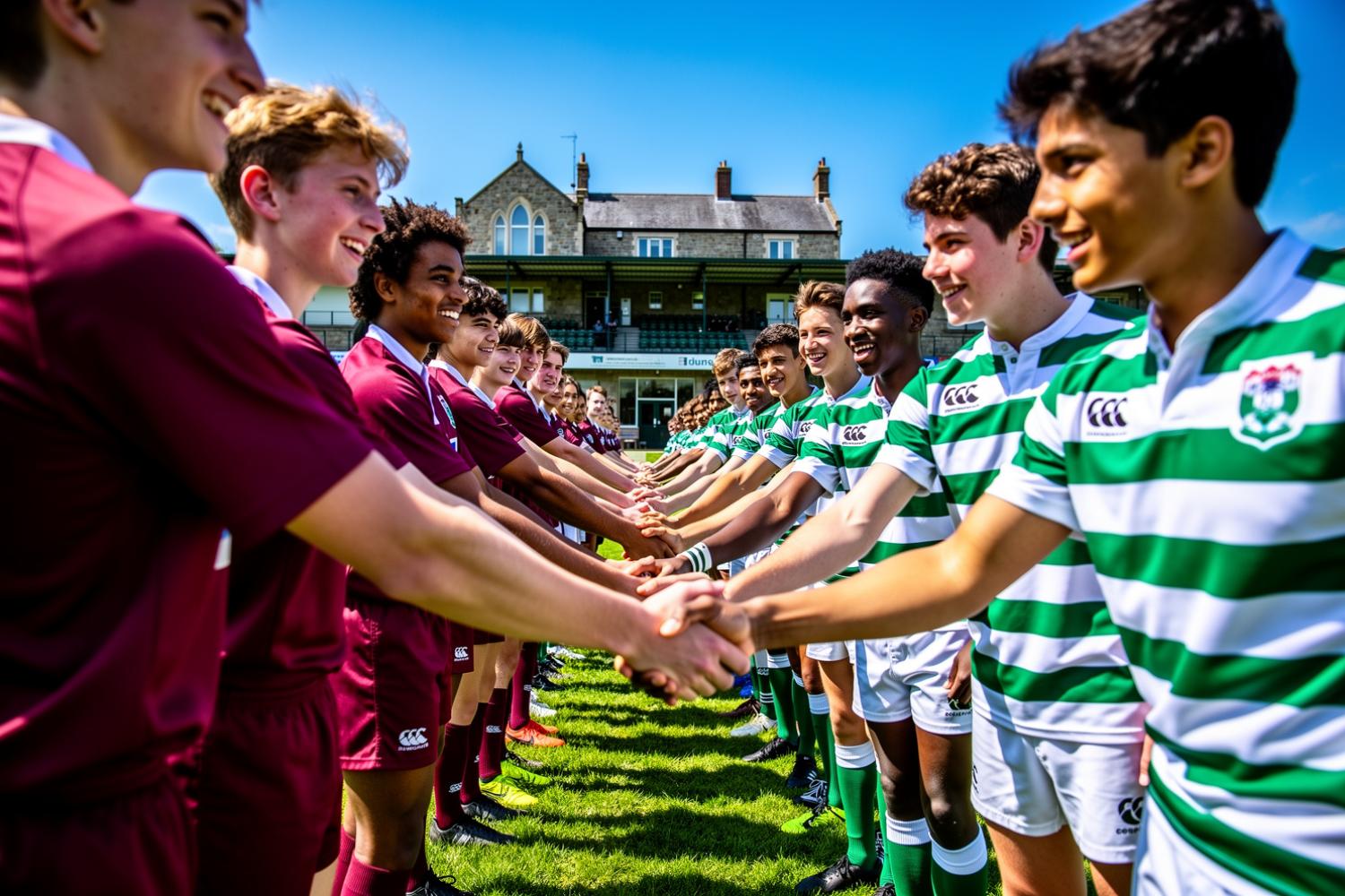 Two youth rugby teams shaking hands after a match at a European stadium