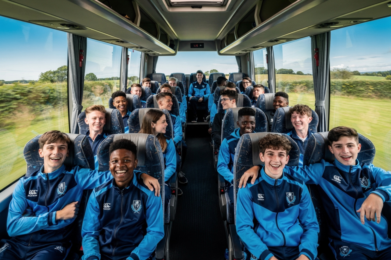 Full coach of youth rugby players in matching team tracksuits, laughing together on the way to a tour weekend